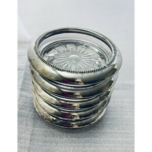 Set of 4 Vintage Silverplate Rim Glass Coasters Starburst Print Leonard Italy